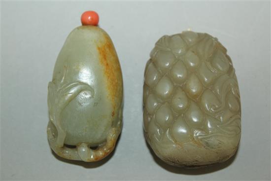 Two Chinese celadon and russet jade snuff bottles, 1800-1900, 5cm, both with coral stoppers